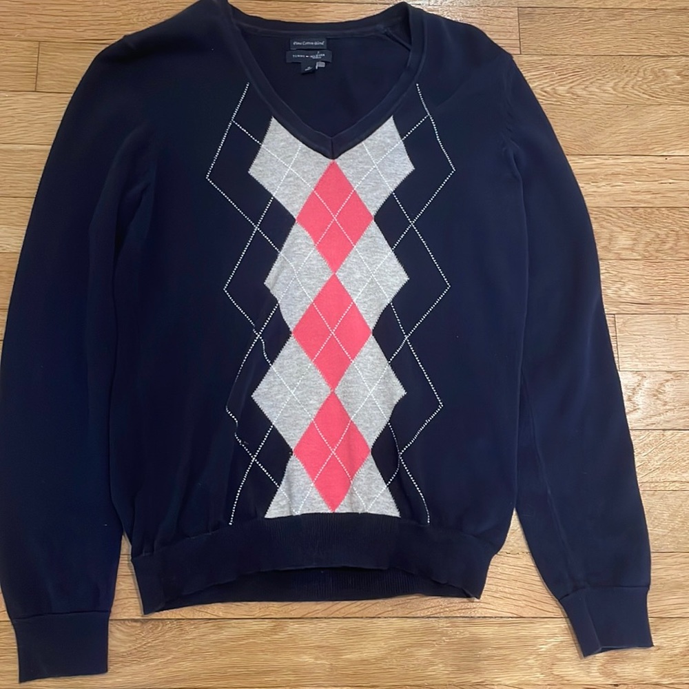 Tommy Hilfiger Navy Blue Cardigan with Pink and Grey Diamonds